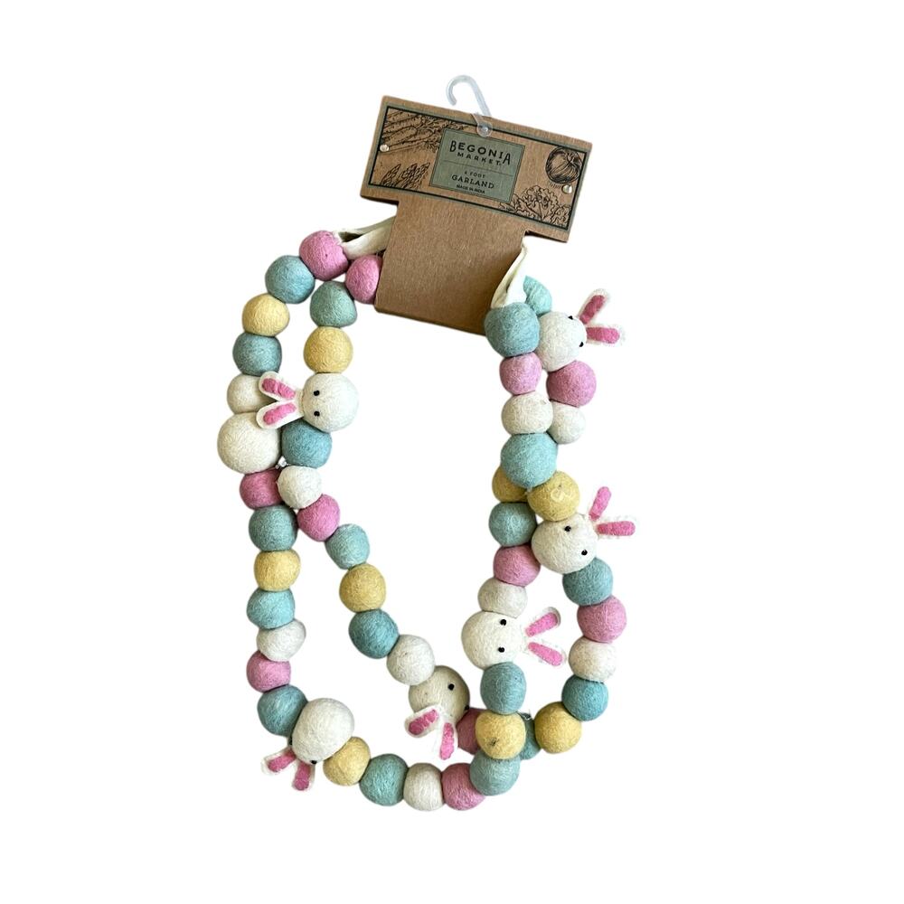 Begonia Market Felt Fabric Bunny & Pom Pom Easter Garland 6 ft Multicolor New